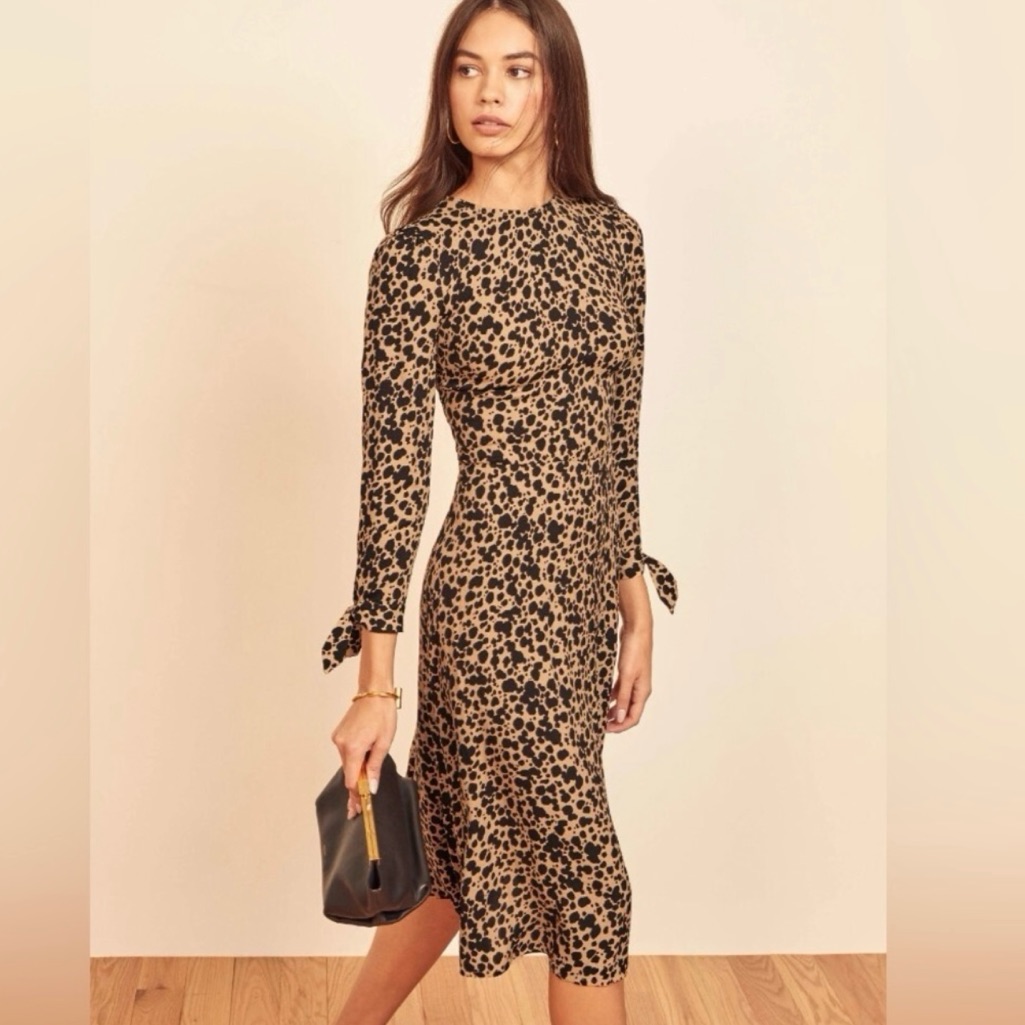 Reformation Leopard Print Tie-Sleeve Port Midi Dress - Beige/Black 8